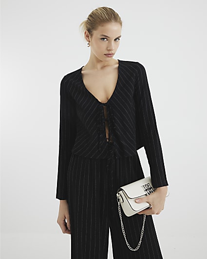 Black Long Sleeve Tie Front Striped Shirt