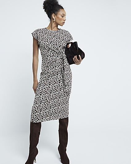 Brown Leopard Print Knot Midi Dress