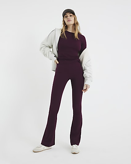 Red Fitted Rib Flared Trousers