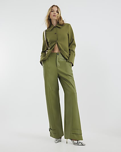 Khaki Faux Leather Cuffed Wide Leg Trousers