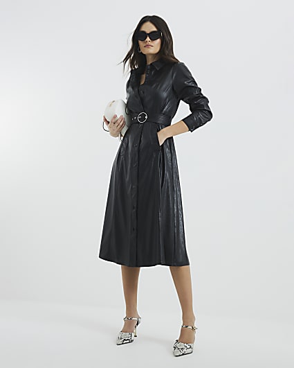 Black Faux Leather Midi Shirt Dress