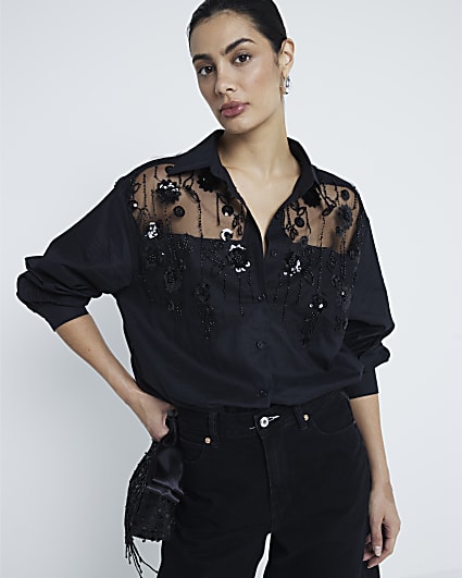 Black Mesh Long Sleeve Embroiderery Shirt