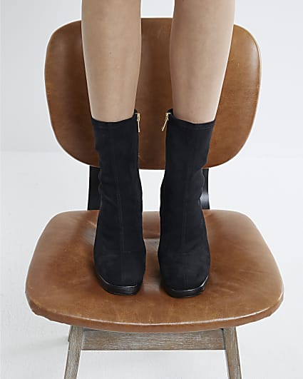 Black Faux Suede Platform Sock Boots