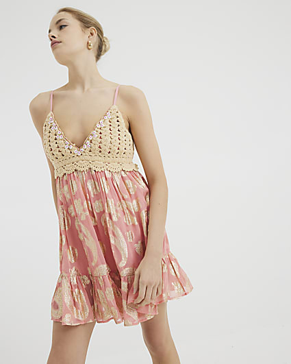 Pink Crochet Mix Printed Mini Beach Dress