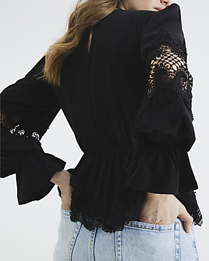Black Pintuck Detail Peplum Blouse