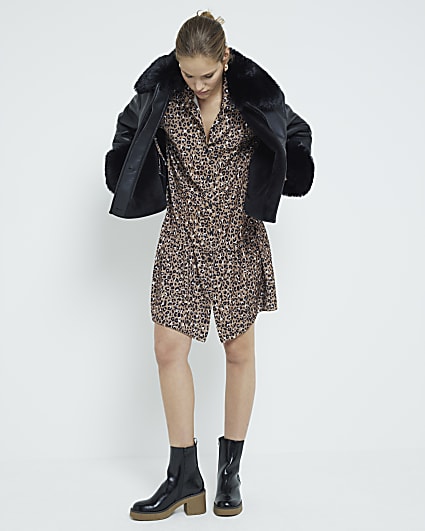 Brown Long Sleeve Leopard Print Shirt Dress