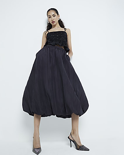 Black Taffeta Bubble Hem Midi Skirt