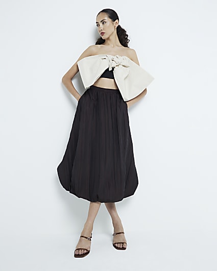 Brown Taffeta Bubble Hem Midi Skirt