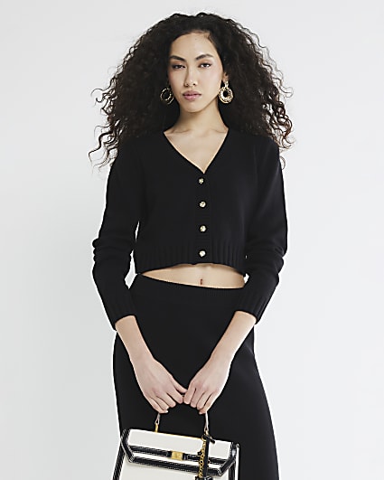 Black Cropped V Neck Cardigan