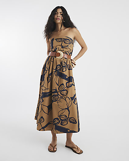 Brown Pleated Bodice Bandeau Midi Dress