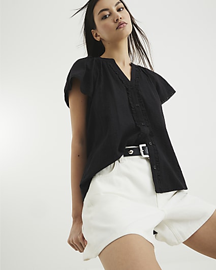 Black Short Sleeve Frill V Neck Top