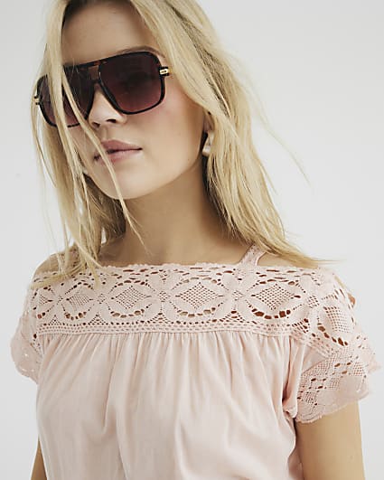 Coral Lace Mix Short Sleeve Blouse