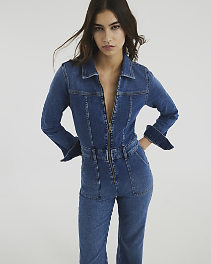 Blue Denim Relaxed Flare Leg Jumpsuit