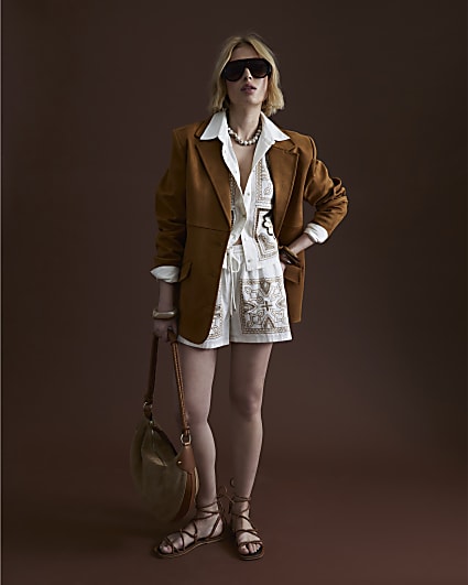 Cream Linen Blend Broderie Patchwork Shirt
