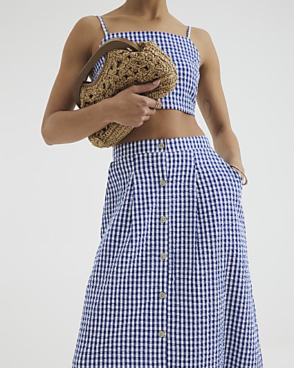 Blue Gingham A-line Midi Skirt