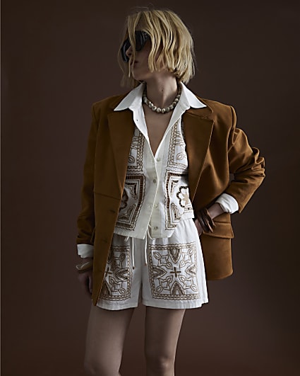 Cream Linen Blend Broderie Patchwork Shorts