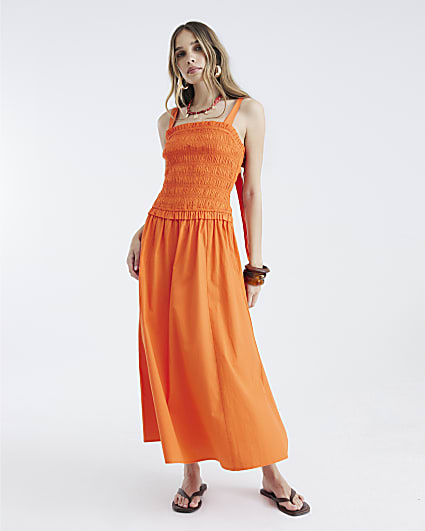 Orange Shirred Midi Dress