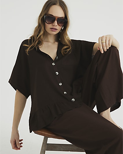 Brown Linen Blend Frill Short Sleeve Shirt