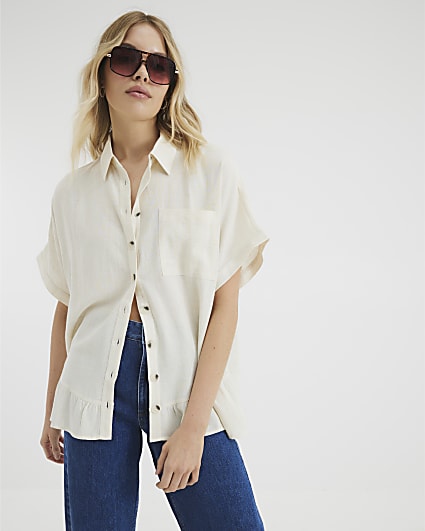 Stone Linen Blend Frill Hem Shirt