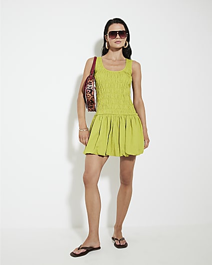 Lime Bubble Hem Shirred Mini Dress