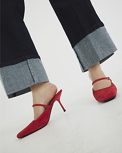 Red Faux Suede Buckle Strap Heeled Mules