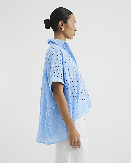 Blue Short Sleeve Broderie Shirt