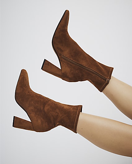 Brown Faux Suede Block Heel Ankle Boots