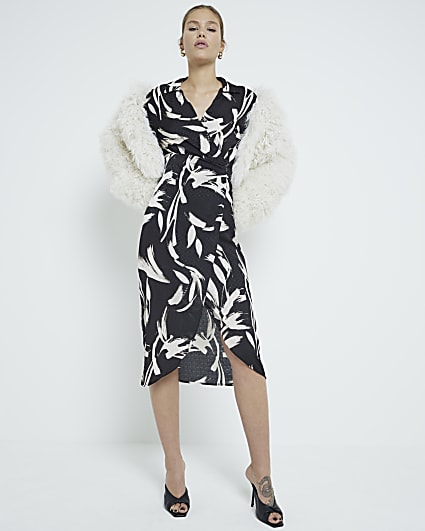 Black Abstract Print Midi Dress