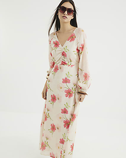 Cream V-Neck Floral Maxi Dress