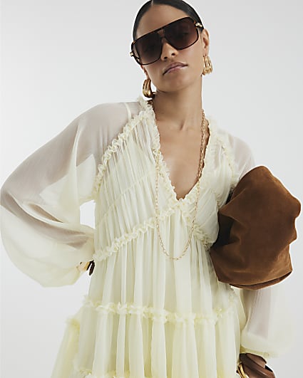 Petite Cream Long Sleeve Ruffle Smock Dress