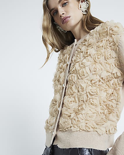 Beige 3D Flower Cardigan