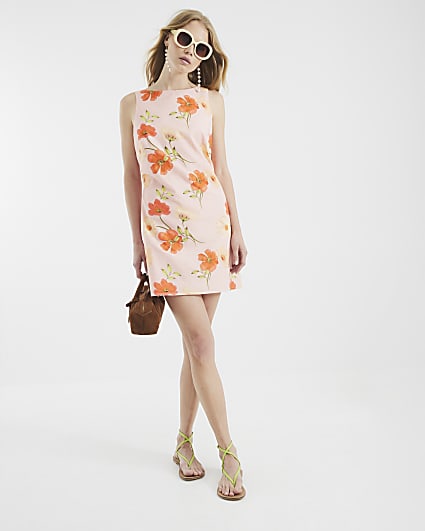 Pink Sleeveless Floral Mini Shift Dress