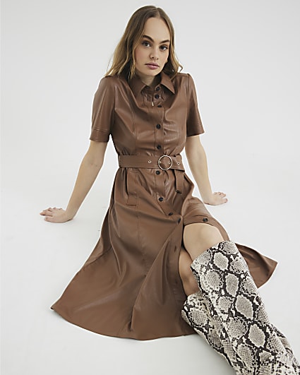 Brown Faux Leather Shirt Midi Dress