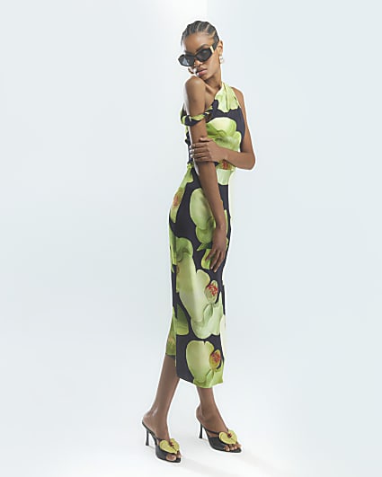 Green Twist Front Floral Maxi Dress