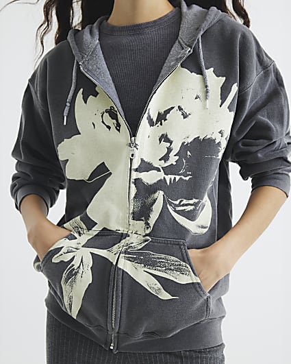 Grey Floral Zip Up Hoodie