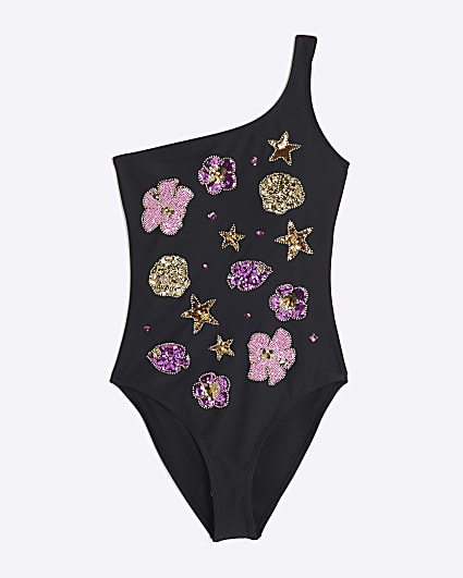 Black Sequin One Shoulder Swimsuit