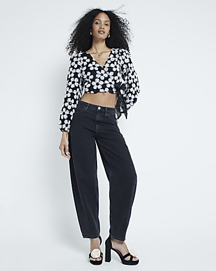 Black Long Sleeve 3D Floral Wrap Crop Top