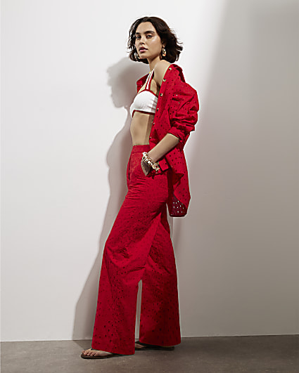 Red Broderie Wide Leg Trousers