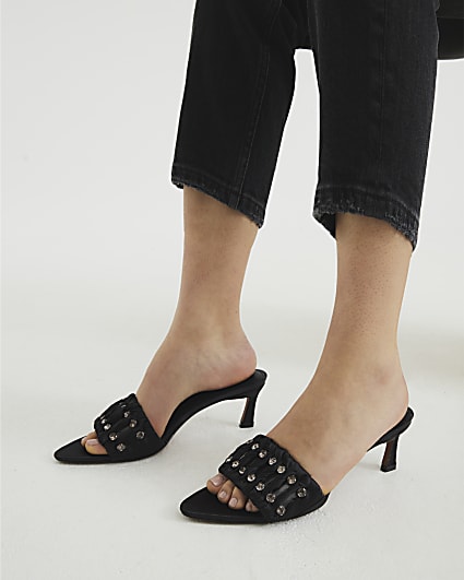 Black Satin Embellished Heeled Sandals