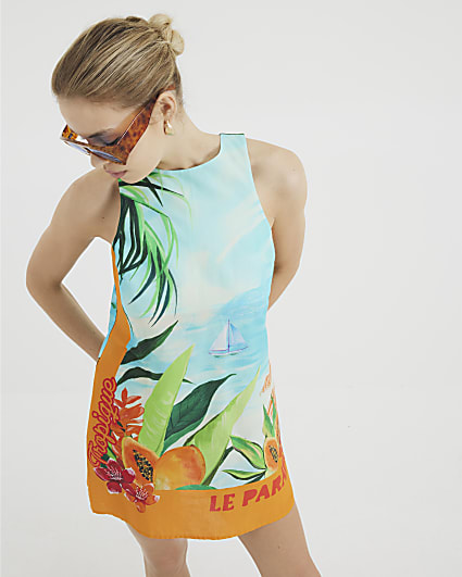 Blue Tropical Print Mini Shift Dress
