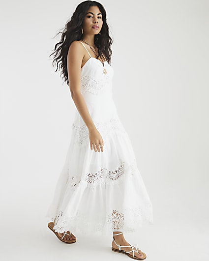 White Lace Detail Cami Midi Dress