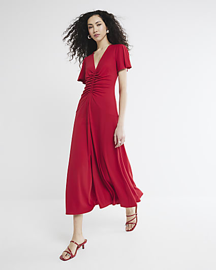 Red Short Sleeve Ruched Midi Dress