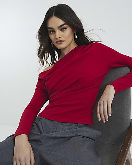 Red Drape Long Sleeve Top