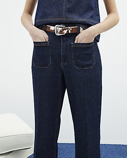 Blue Denim High Waisted Pocket Wide Leg Jeans