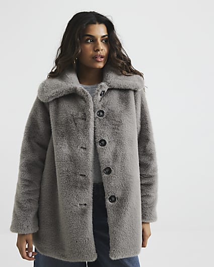 Grey Petite Faux Fur Button Up Midi Coat