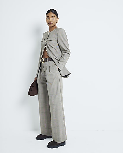 Brown Belted Check Wide Leg Trousers