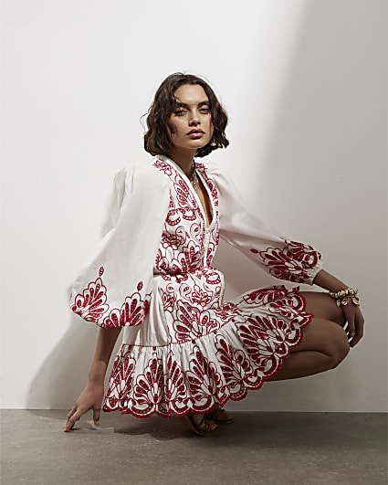 Red Long Sleeve Embroidered Shirt Dress