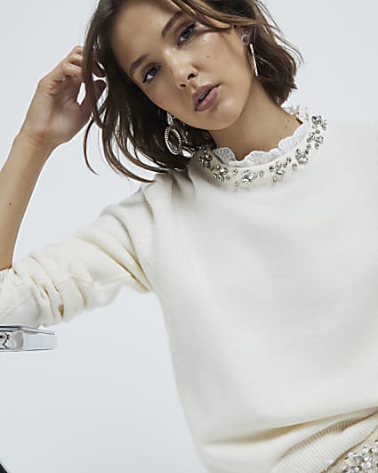 Cream Embellished Collar Sweater