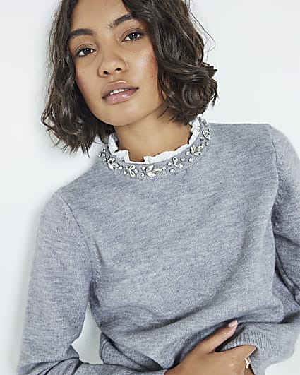 Grey Embellished Collar Knitted Top