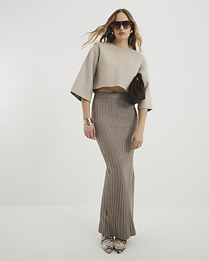 Beige Ribbed Maxi Split Skirt